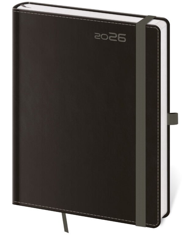 PRINT POP (matná koženka) - Týdenní diář A5 Double Black s poutkem