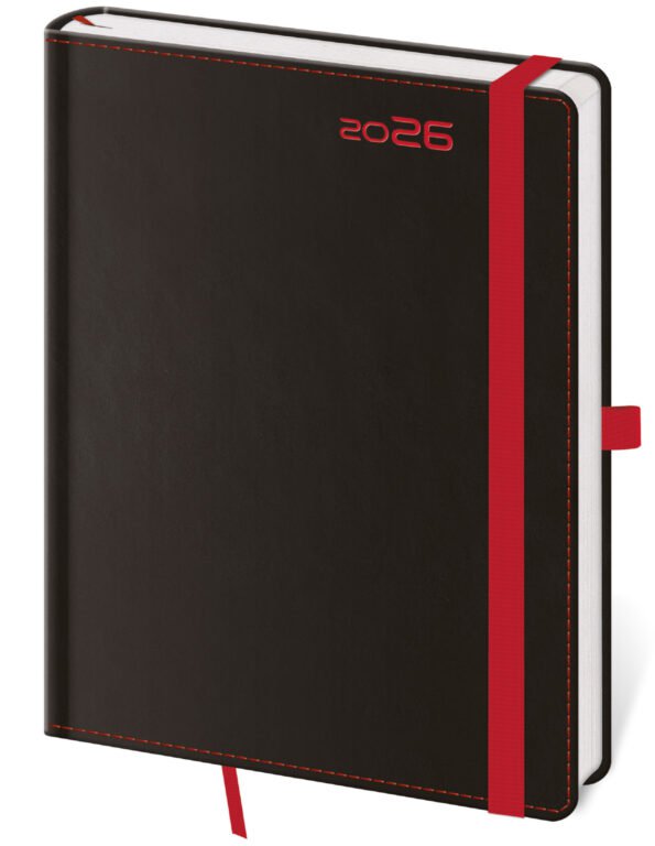 PRINT POP (matná koženka) - Týdenní diář A5 Black Red s poutkem