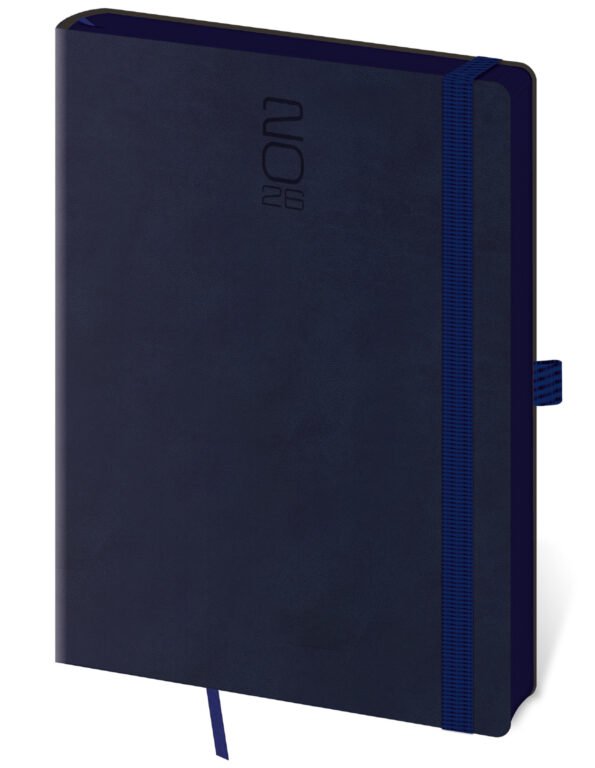 PRINT POP (matná koženka) - Týdenní diář A5 Memory tmavě modrý s gumičkou