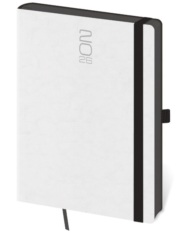 PRINT POP (matná koženka) - Denní diář A5 Memory bílý s gumičkou