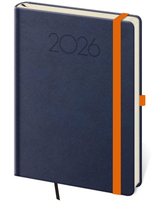 PRINT POP (matná koženka) - Denní diář A5 New Praga modrý s gumičkou